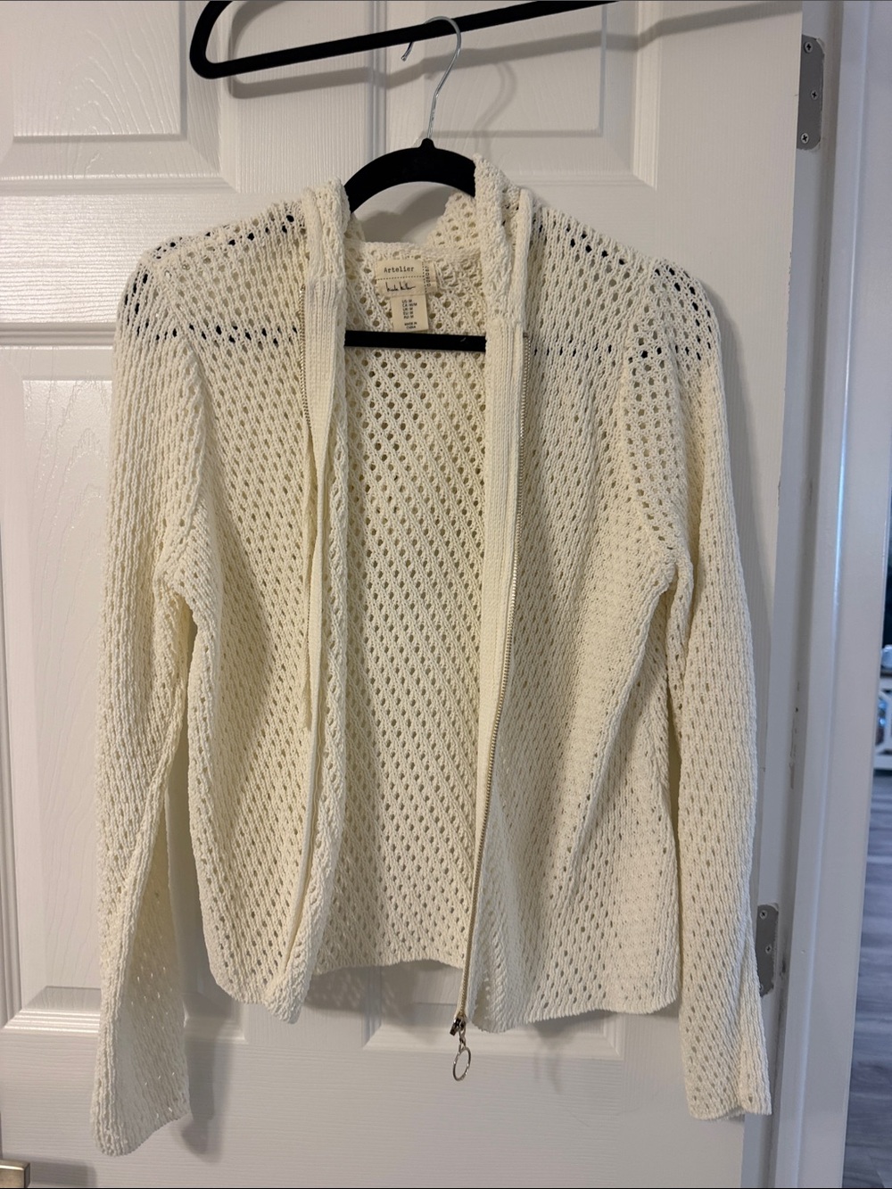 Nicole Miller Cream Open-Knit Hooded Zip Sweater
